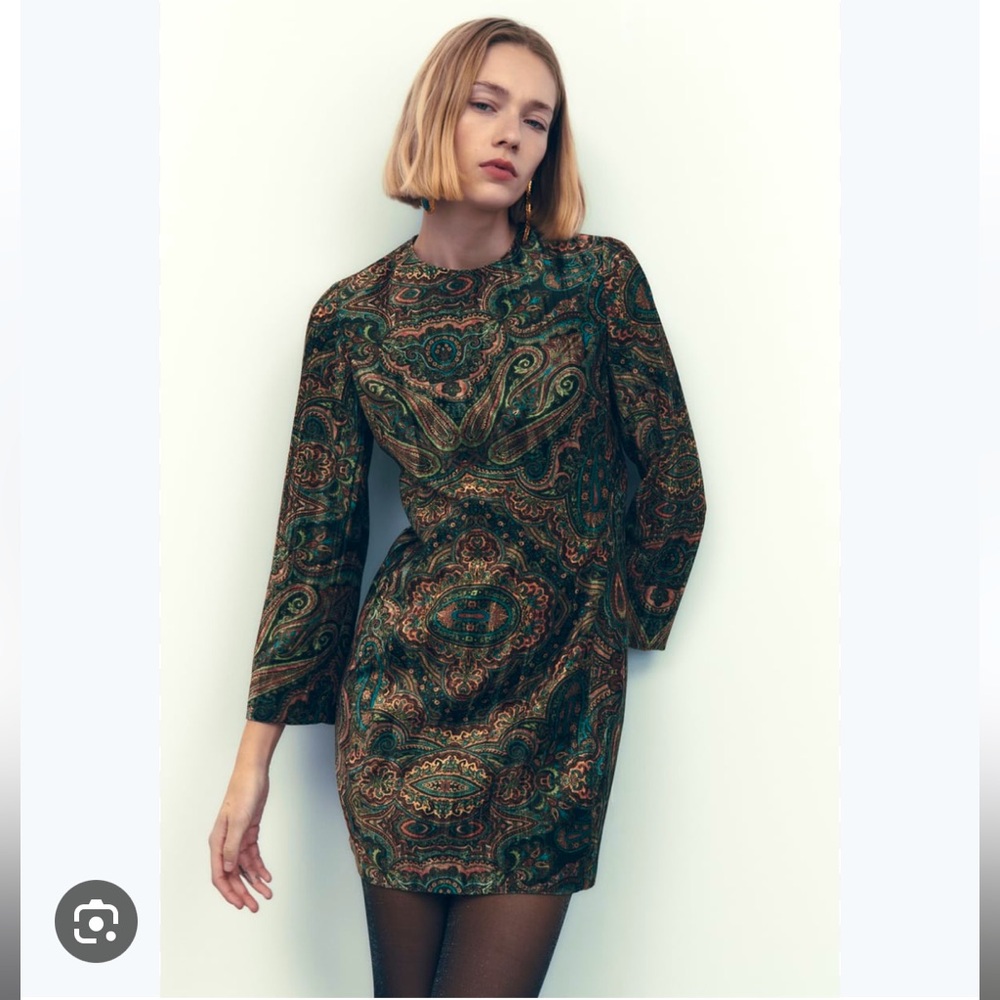 ZARA Velvet Paisley Printed Multicolor Mini Dress with Bell Sleeves XS